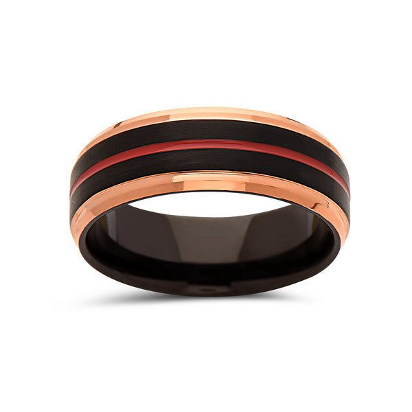 Red Tungsten Wedding Band - Rose Gold Ring - Black Brushed Tungsten Carbide - 8mm - Mens Ring - Tungsten Carbide - Engagement Band - LUXURY BANDS LA