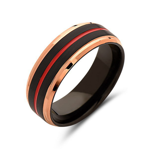 Red Tungsten Wedding Band - Rose Gold Ring - Black Brushed Tungsten Carbide - 8mm - Mens Ring - Tungsten Carbide - Engagement Band - LUXURY BANDS LA