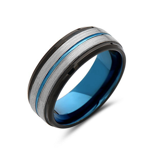 Blue Tungsten Wedding Band - Gray Brushed Tungsten Ring - 8mm - Stepped- Mens Ring - Tungsten Carbide - Engagement Band - Comfort Fit - LUXURY BANDS LA