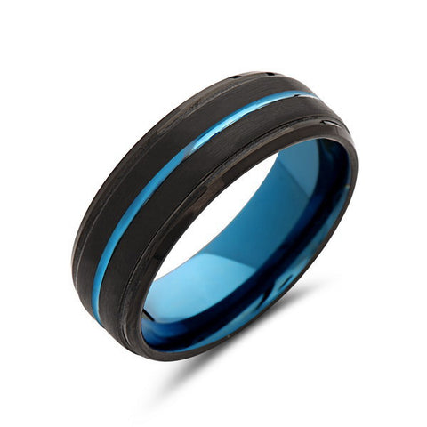 Blue Tungsten Wedding Band - Black Brushed Tungsten Ring - 8mm - Stepped- Mens Ring - Tungsten Carbide - Engagement Band - Comfort Fit - LUXURY BANDS LA