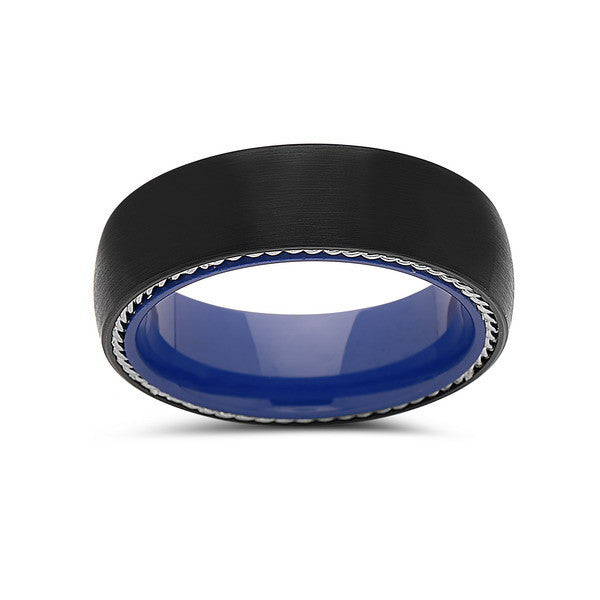 Blue Tungsten Wedding Band - New Black Brushed Ring - 8mm Ring - Unique Engagment Band - Silver Rope - Comfort Fit - LUXURY BANDS LA