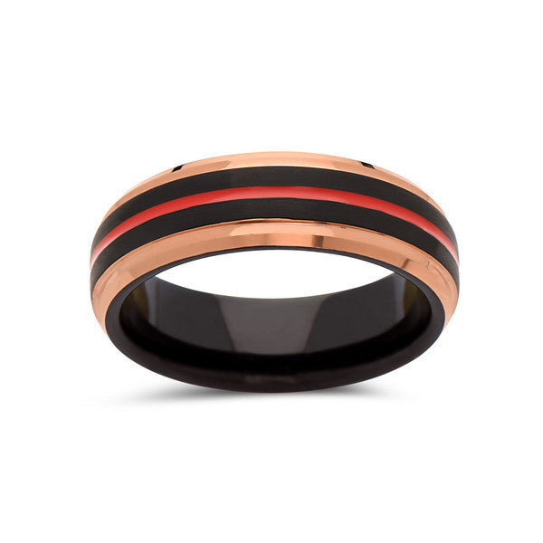 Red Tungsten Wedding Band - Rose Gold - Black Brushed Tungsten Ring - 6mm - Mens Ring - Tungsten Carbide - Engagement Band - LUXURY BANDS LA