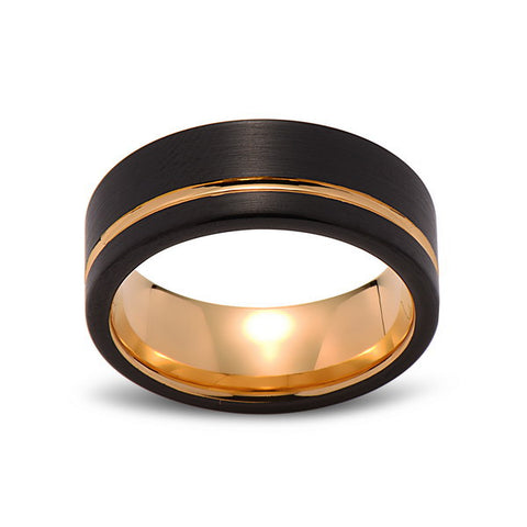 Yellow Gold Tungsten Wedding Band - Black Brushed Ring - 8mm Ring - Unique Engagment Band - Comfort Fit - LUXURY BANDS LA