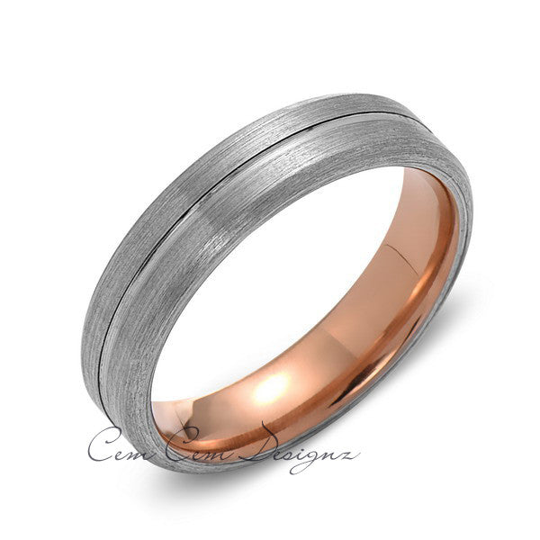 Rose Gold Tungsten Wedding Band - Gray Groove Brushed Ring - 6mm Ring - Unique Engagment Band - Comfor Fit - LUXURY BANDS LA