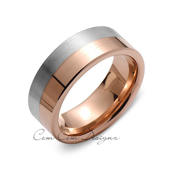 Rose Gold Tungsten Wedding Band - Brushed Gray - 8mm - Pipe Cut  - Tungsten Carbide - Engagement Band - Comfort Fit - LUXURY BANDS LA
