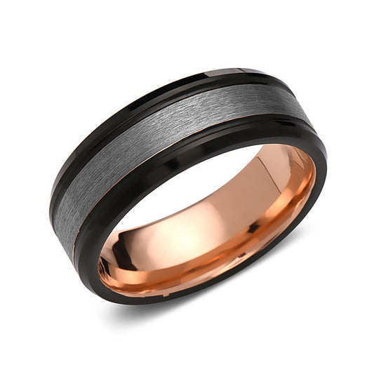 Rose Gold Tungsten Wedding Band - Gray and Black Brushed Tungsten Ring - 8mm - Mens Ring - Tungsten Carbide - Engagement Band - Comfort Fit - LUXURY BANDS LA
