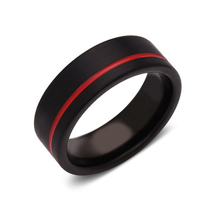 Red Tungsten Wedding Band - Black Brushed Tungsten Ring - 8mm - Mens Ring - Tungsten Carbide - Engagement Band - Comfort Fit - LUXURY BANDS LA