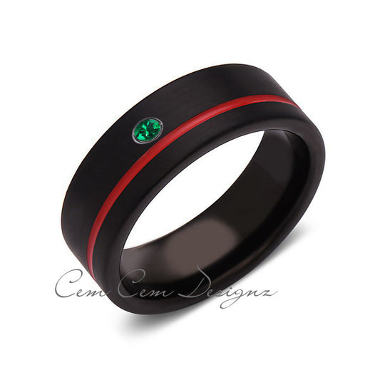 8mm,Green Emerald,Mens Diamond Ring,Black Brushed, Red Groove,Tungsten Ring,Wedding Band,Red,Comfort Fit - LUXURY BANDS LA