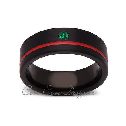 8mm,Green Emerald,Mens Diamond Ring,Black Brushed, Red Groove,Tungsten Ring,Wedding Band,Red,Comfort Fit - LUXURY BANDS LA
