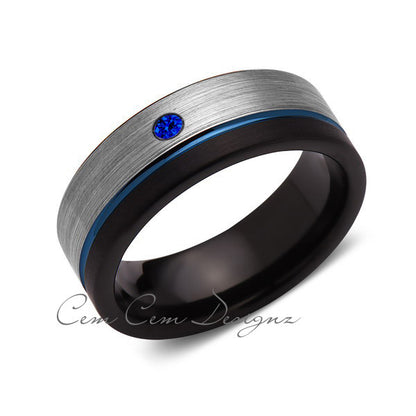 8mm,Blue Sapphire,Mens Diamond Ring,Gray,Black Brushed, Blue Groove,Tungsten Ring,Wedding Band,Blue,Comfort Fit - LUXURY BANDS LA