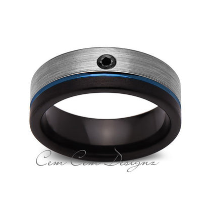 8mm,Mens,Black Diamond,Blue Ring,Gray,Black,Brushed,Blue Band,Tungsten Ring,Wedding Band,Comfort Fit - LUXURY BANDS LA