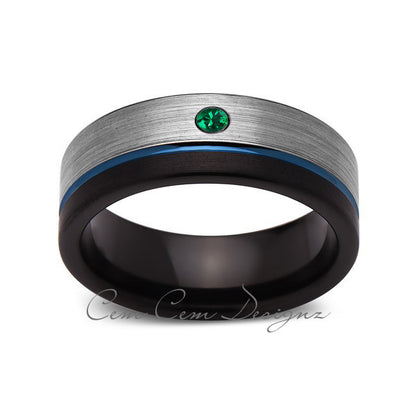 8mm,Green Emerald,Mens Diamond Ring,Gray,Black Brushed, Blue Groove,Tungsten Ring,Wedding Band,Comfort Fit - LUXURY BANDS LA