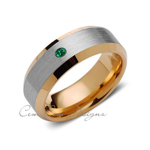 8mm,Mens,Green Emerald,Yellow Gold,Wedding Band,,Gray,Brushed,Yellow Gold,Birthstone,Tungsten Ring,Comfort Fit - LUXURY BANDS LA