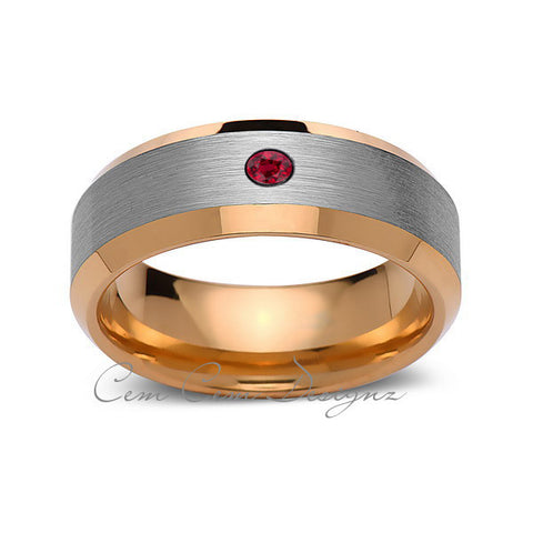 8mm,Mens,Red Ruby,Gray,Brushed,Yellow Gold,Tungsten Ring,Yellow Gold,Wedding Band,Comfort Fit - LUXURY BANDS LA