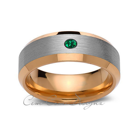 8mm,Mens,Green Emerald,Yellow Gold,Wedding Band,,Gray,Brushed,Yellow Gold,Birthstone,Tungsten Ring,Comfort Fit - LUXURY BANDS LA