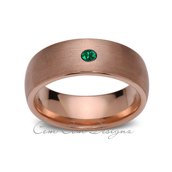 8mm,Mens,Green Emerald,Brushed,Rose Gold,Tungsten Ring,Rose Gold,Birthstone,Wedding Band,Comfort Fit - LUXURY BANDS LA