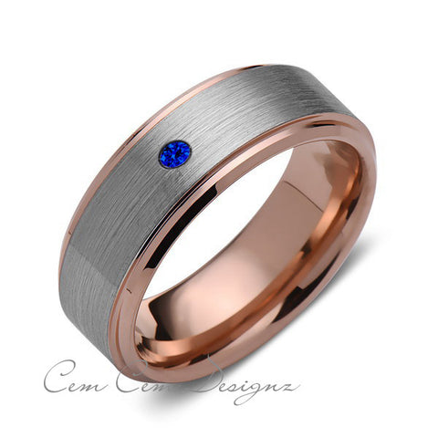 8 mm,Mens,Blue Sapphire,Rose Gold,Wedding Band,,Gray,Brushed,Rose Gold,Birthstone,Tungsten Ring,Comfort Fit - LUXURY BANDS LA