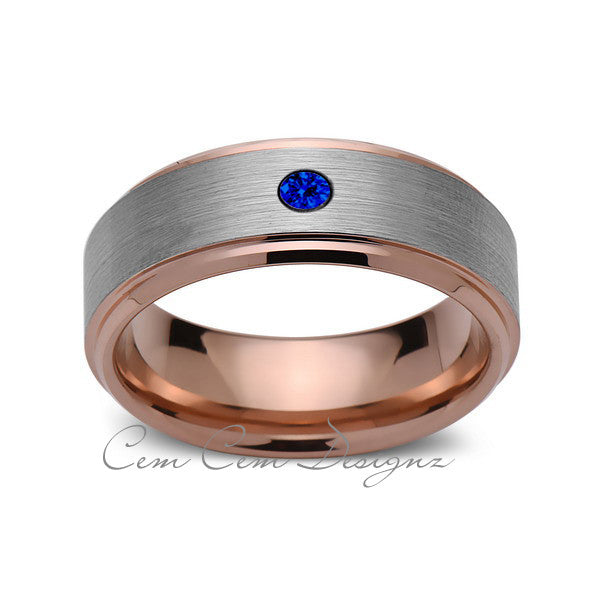 8 mm,Mens,Blue Sapphire,Rose Gold,Wedding Band,,Gray,Brushed,Rose Gold,Birthstone,Tungsten Ring,Comfort Fit - LUXURY BANDS LA