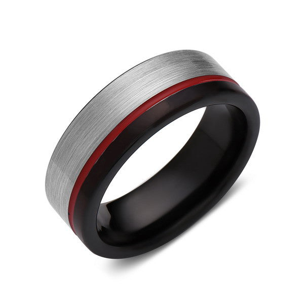 Red Tungsten Wedding Band - Black and Gray Brushed Tungsten Ring - 8mm - Mens Ring - Tungsten Carbide - Engagement Band - Comfort Fit - LUXURY BANDS LA
