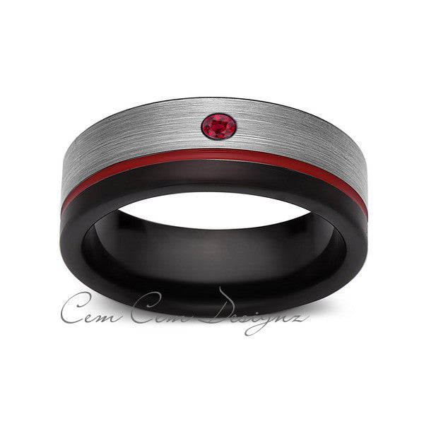 8mm,Mens,Red Ruby,Red Ring,Gray,Black,Brushed,Red Band,Tungsten Ring,Wedding Band,Comfort Fit - LUXURY BANDS LA