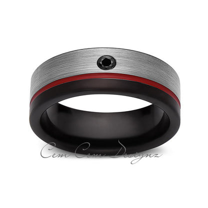 8mm,Mens,Black Diamond,Red Ring,Gray,Black,Brushed,Red Band,Tungsten Ring,Wedding Band,Comfort Fit - LUXURY BANDS LA