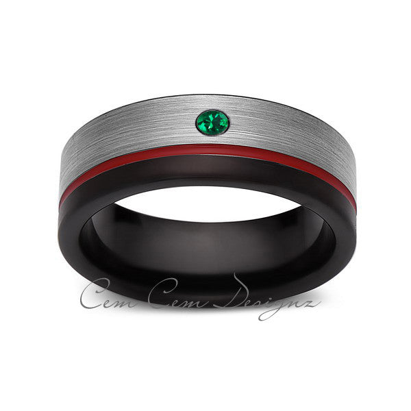 8mm,Green Emerald,Mens Diamond Ring,Gray,Black Brushed, Red Groove,Tungsten Ring,Wedding Band,Red,Comfort Fit - LUXURY BANDS LA
