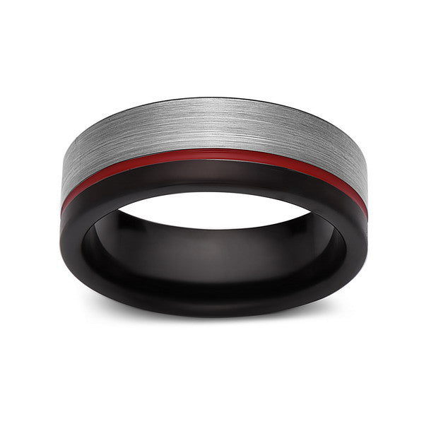 Red Tungsten Wedding Band - Black and Gray Brushed Tungsten Ring - 8mm - Mens Ring - Tungsten Carbide - Engagement Band - Comfort Fit - LUXURY BANDS LA