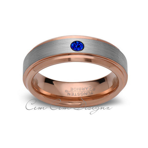 6mm,Mens,Blue Sapphire,Rose Gold,Wedding Band,,Gray,Brushed,Rose Gold,Birthstone,Tungsten Ring,Comfort Fit - LUXURY BANDS LA