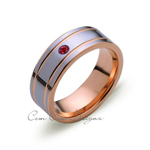 8mm,Mens,Red Ruby,Rose Gold,Wedding Band,unique,High Polish,Birthstone,Tungsten Ring,Comfort Fit - LUXURY BANDS LA
