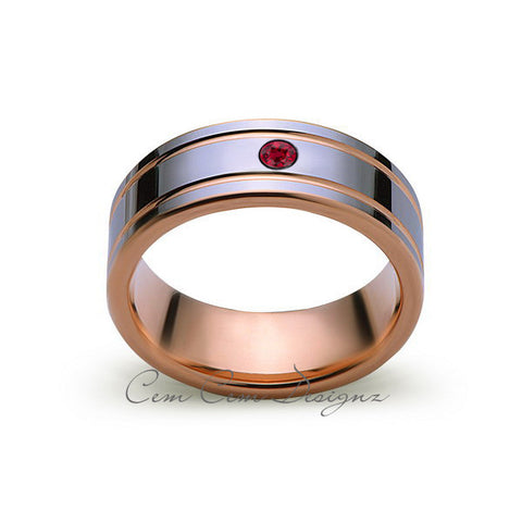 8mm,Mens,Red Ruby,Rose Gold,Wedding Band,unique,High Polish,Birthstone,Tungsten Ring,Comfort Fit - LUXURY BANDS LA
