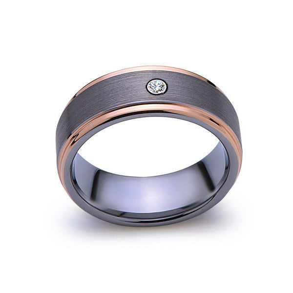 8mm,Mens,Diamond,Gray,Brushed,Rose Gold,Tungsten Ring,Rose Gold,Wedding Band,Comfort Fit - LUXURY BANDS LA