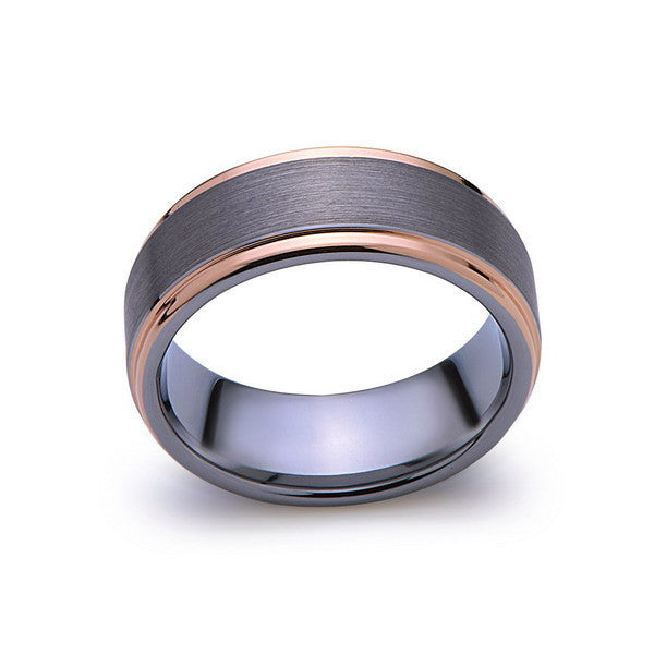 Rose Gold Tungsten Wedding Band - Gray Brushed Tungsten Ring - 8mm - Mens Ring - Tungsten Carbide - Men's Band - Comfort Fit - LUXURY BANDS LA