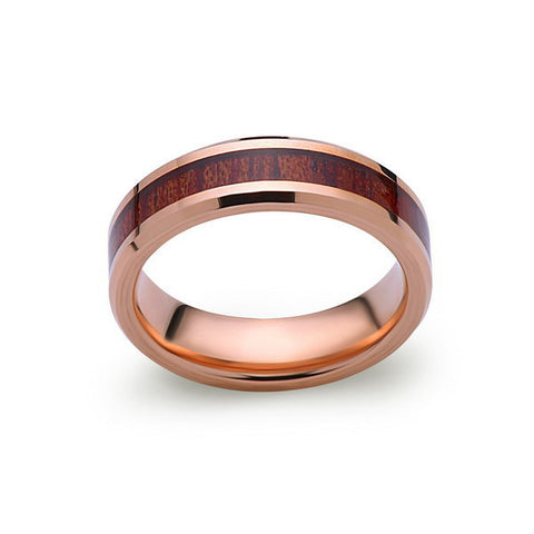 Koa Wood Wedding Ring - Rose Gold Tungsten Band - Hawaiian Koa Wood - 6mm - Mens - Comfort Fit - LUXURY BANDS LA