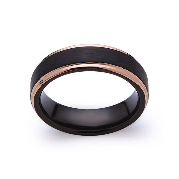 Black Tungsten Wedding Band - Black Brushed Ring - Rose Gold - 6mm Ring - Mens Ring - LUXURY BANDS LA