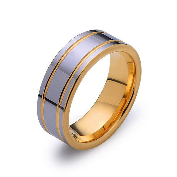 Yellow Gold Tungsten Band - High Polish Silver Ring - Yellow Groove - 8mm Band - Engagement Ring - Unisex - Tungsten Band - LUXURY BANDS LA
