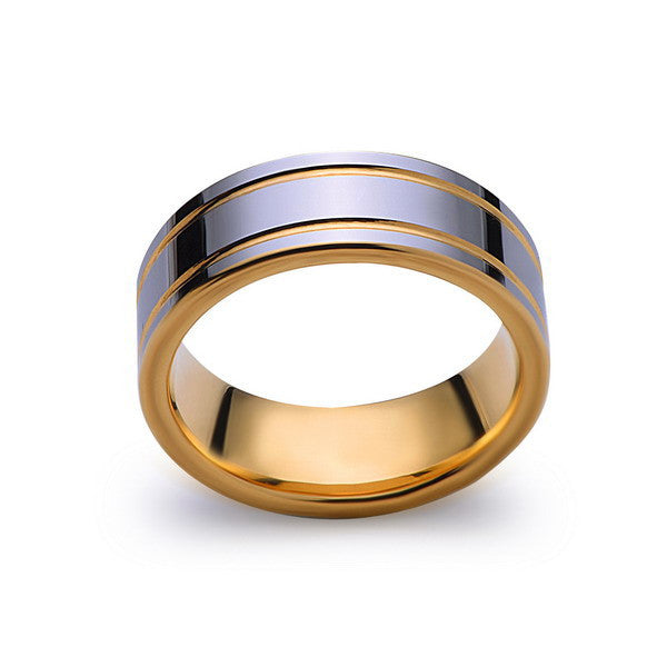 Yellow Gold Tungsten Band - High Polish Silver Ring - Yellow Groove - 8mm Band - Engagement Ring - Unisex - Tungsten Band - LUXURY BANDS LA