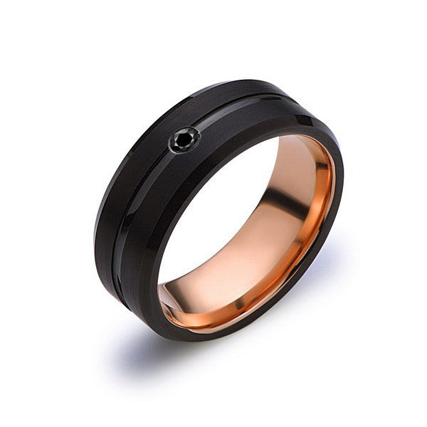 8mm,Mens,Black Diamond Band,Black Brushed,Rose Gold,Tungsten Ring,Rose Gold,Wedding Ring,Comfort Fit - LUXURY BANDS LA
