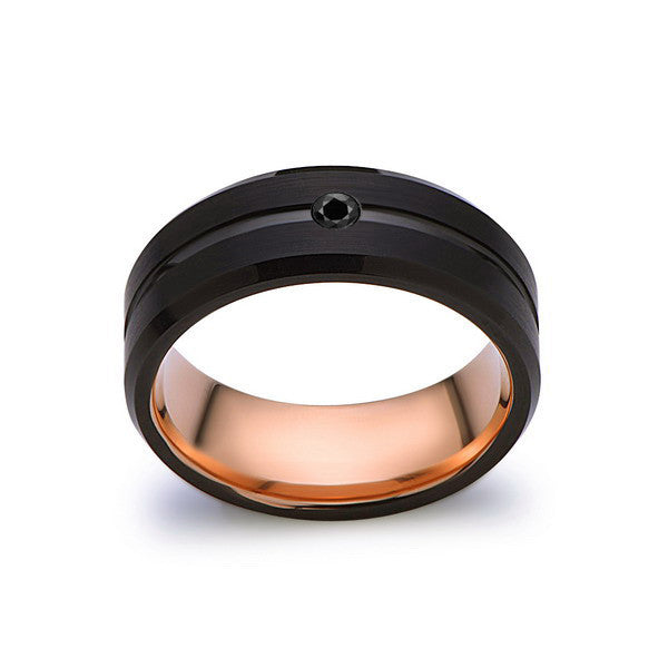 8mm,Mens,Black Diamond Band,Black Brushed,Rose Gold,Tungsten Ring,Rose Gold,Wedding Ring,Comfort Fit - LUXURY BANDS LA