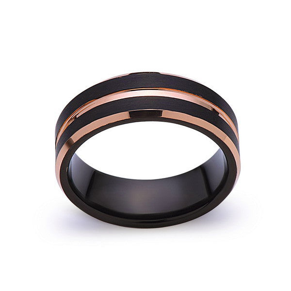 Rose Gold Tungsten Wedding Ring - Black Brushed Ring - 8mm Ring - Unique Engagment Band - Comfor Fit - LUXURY BANDS LA