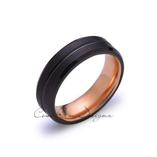 Rose Gold Tungsten Wedding Band - Black Groove Brushed Ring - 6mm Ring - Unique Engagment Band - Comfor Fit - LUXURY BANDS LA