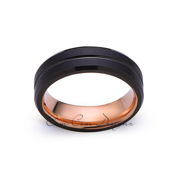 Rose Gold Tungsten Wedding Band - Black Groove Brushed Ring - 6mm Ring - Unique Engagment Band - Comfor Fit - LUXURY BANDS LA