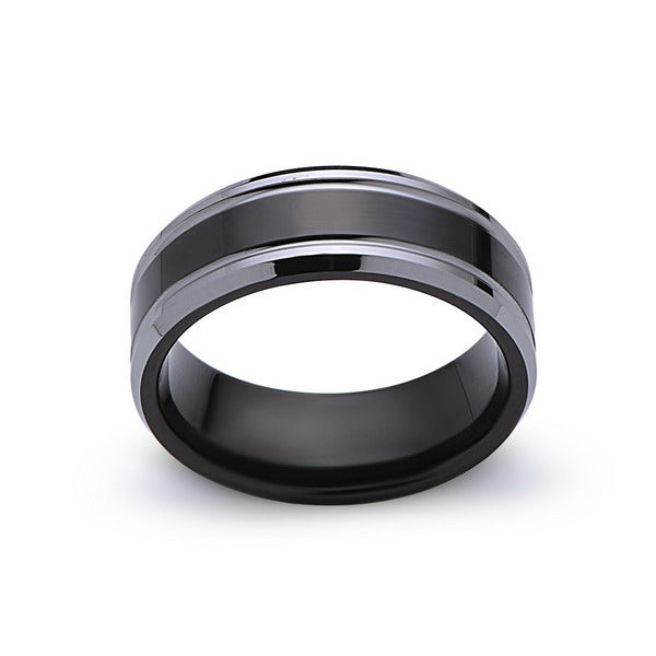 Mens Tungsten Wedding Band - Black High Polish Engagement Ring - 8MM - Unique - Black and Silver - Comfort Fit - LUXURY BANDS LA