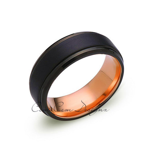 Rose Gold Tungsten Wedding Band - Black Brushed Ring - 8mm Ring - Unique Engagment Band - Comfort Fit - LUXURY BANDS LA