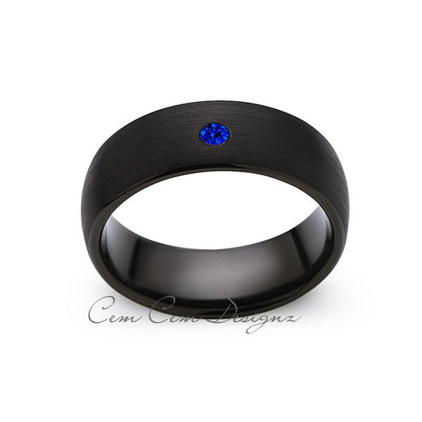 8mm,Black Tungsten,Blue Sapphire,Band,Gun Metal, Black Brushed,Tungsten Rings,Mens Wedding Band,Comfort Fit - LUXURY BANDS LA