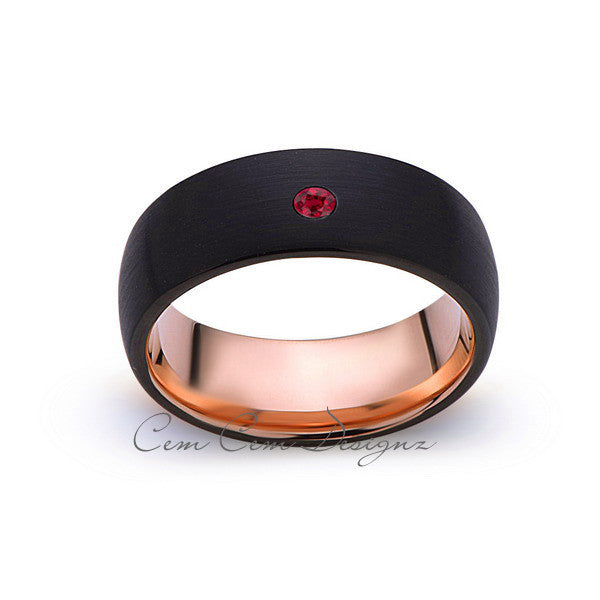 8mm,Mens,Red Ruby,Black Brushed,Rose Gold,Tungsten Ring,Birthstone,Wedding Band,Comfort Fit - LUXURY BANDS LA