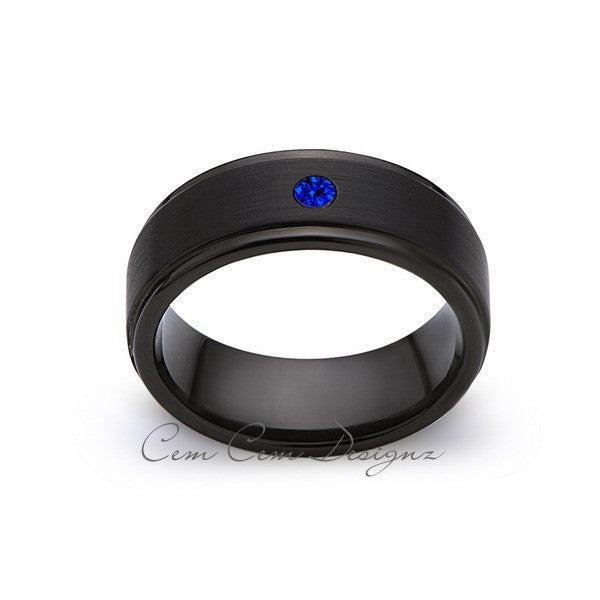8mm,Blue Sapphire,Black Gun Metal Brushed,Tungsten Rings,Mens Wedding Band,Matching,Comfort Fit - LUXURY BANDS LA