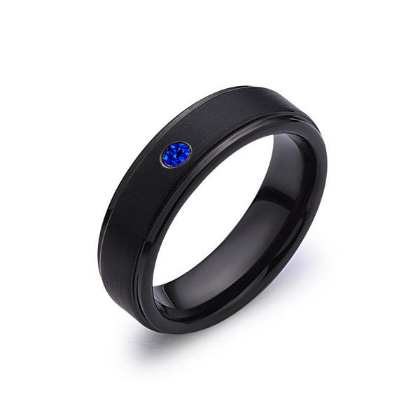 6mm,Blue Sapphire,Black Gun Metal Brushed,Tungsten Rings,Mens Wedding Band,Matching,Comfort Fit - LUXURY BANDS LA
