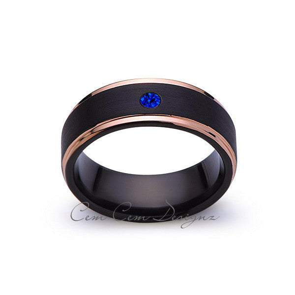 8mm,Mens,Blue Sapphire Band,Black Brushed,Rose Gold,Tungsten Ring,Rose Gold,Wedding Ring,Comfort Fit - LUXURY BANDS LA