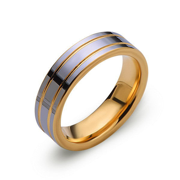 Yellow Gold Tungsten Band - High Polish Silver Ring - Yellow Groove - 6mm Band - Engagement Ring - Unisex - Tungsten Band - LUXURY BANDS LA