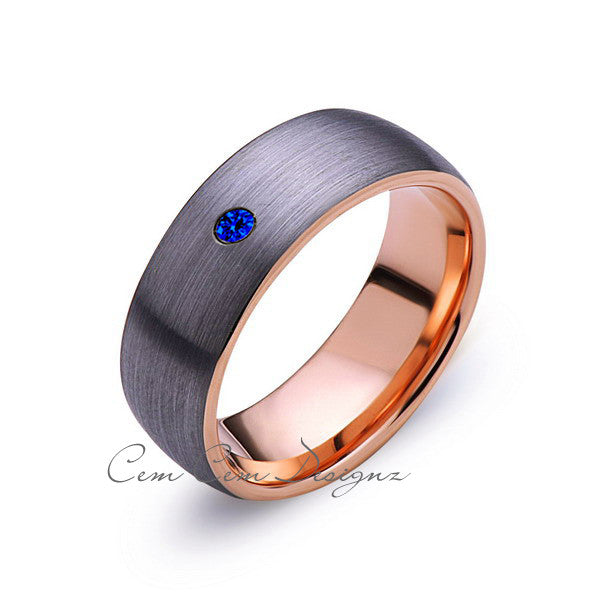 8mm,Mens,Blue Sapphire,Gray Brushed,Rose Gold,Tungsten Ring,Rose Gold,Wedding Band,Comfort Fit - LUXURY BANDS LA